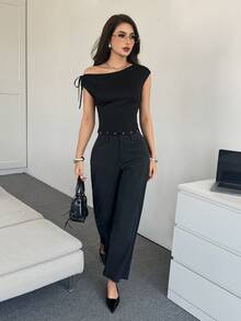 Modelyn Women's Solid Color Tie Shoulder Design Fitted Fashion T-Shirt Black Top One Shoulder Top Sexy Top Off The Shoulder Top Cap Sleeve Top One Sleeve Top Classy Top - Black - View 2