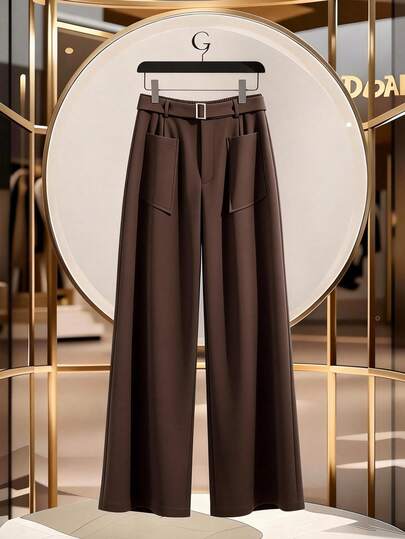 GlowEve CURVE Plus Size Women's Elegant Wide Leg Pants With Pocket Waist Decor