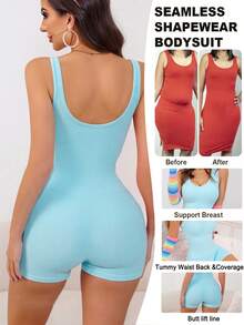 Eraneu 1pc Women Seamless Comfortable Tummy Control Lift Butt Bodysuit - Mint Blue - View 2