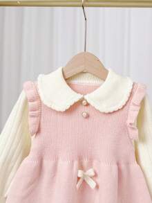 SHEIN Young Girl Oversized Casual & Comfortable Contrast Color Ruffle Collar Bow Decor Knitted Sweater Dress,In Fall/Winter - Pink - View 4