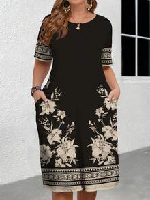 SHEIN CURVE+ Curve Size US22Music Festival, Seaside Vacation, Bohemia2025 Spring/Summer Artistic Textured Floral Print Short Sleeve Round Neck Midi Dress, Suitable For Mother's Day Gathering Black And White Dress Pocket Dress Floral Print Dress - Black and White - View 7