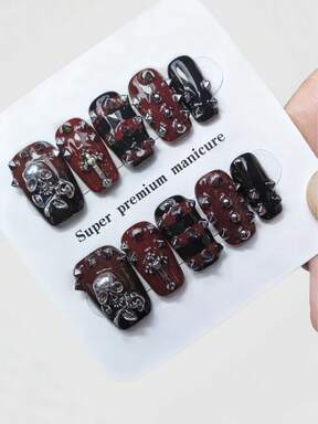 Goth 10 Pieces Of Punk Style Rivets To Wear Armor + 3 Pieces Of Nail Art Double-Sided Tape, Dark High-Quality Handmade Nail Art, Retro Metal Skull Decoration, Short Trapezoidal Fake Nail Pieces That Can Be Reused In All Seasons, Suitable For Daily, Party, And Dance Wear