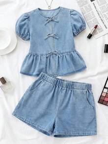 SHEIN 2pcs Teens Girl Casual Comfy Round Neck Puff Sleeve Bowknot Blouse & Shorts Denim Set,Girls Summer Two Pieces Outfits,Suitable For Spring And Summer Wear, Elegant And Holiday Wear,Spring Break Summer Beach Vacation Wear,Summer Short,White Short - Light Wash - View 1