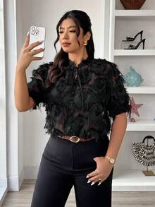 Elenzga Black Jacquard Fabric V-Neck Short Sleeve Fashionable Party Blouse For Plus Size Women, Spring/Summer - Black - View 4