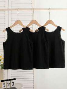 3件套少女优雅甜美纯白色蕾丝吊带背心，柔软棉质 - 黑色 - 查看 2