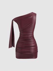 Sweetra Nuevo vestido mini de moda con cuello asimétrico, cintura fruncida y ajuste ceñido, con detalles de volantes laterales, en tela elástica con revestimiento de color vino tinto, adecuado para club, fiesta, cóctel, uso diario y verano - Burdeos - Ver 2