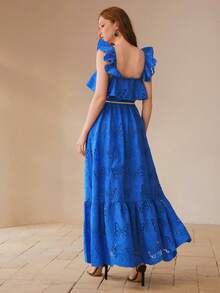 MOTF PREMIUM VESTIDO LARGO DE MUJER CON PATRÓN DE MARIPOSA BORDADO, VOLANTES Y CINTURÓN - Azul - Ver 3