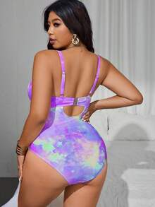 SHEIN Swim Curve 大码女士珍珠串珠交叉肩带带衬垫连体泳衣，时尚休闲度假 - 彩色 - 查看 2