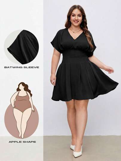 SHEIN MOD Plus Size Batwing Sleeve Loose V-Neck Short Sleeve Dress, Summer Holiday Dress, Commuter Style Dress