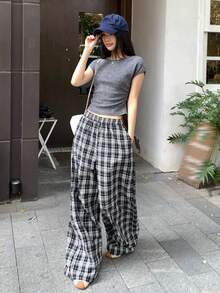 DAZY 女士圆领短袖T恤和格子阔腿裤休闲两件套 - 黑色 - 查看 3