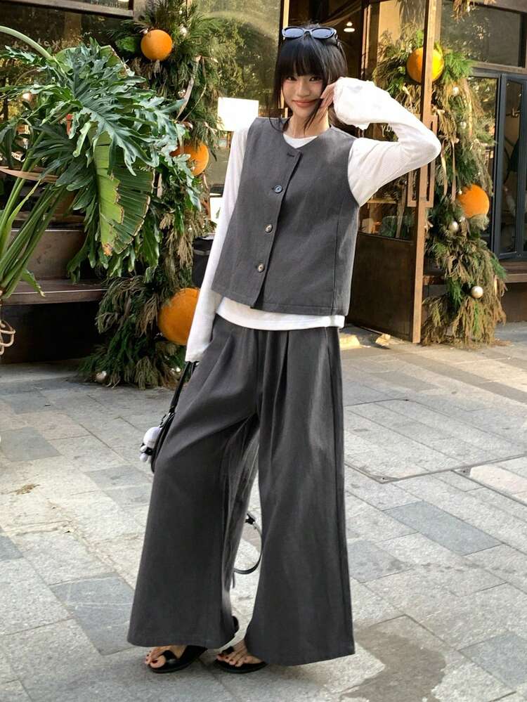 Women's Solid Color Single-Breasted Vest And Pants Casual 2 Pieces Set