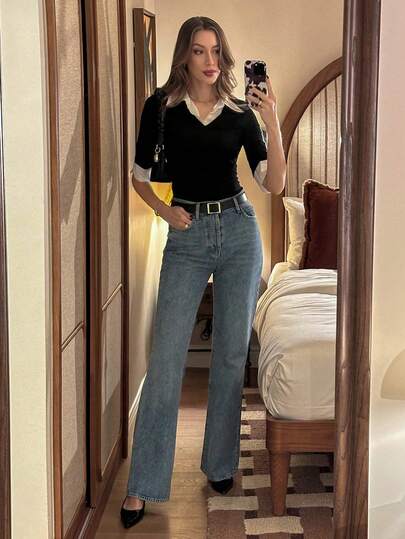 SHEIN Tall 女士拼贴风格 Polo 领拼接短袖 T 恤，修身套头衫，春夏款