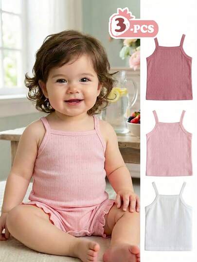Vintaside Kids 3件套女婴提花吊带背心。无袖设计，清爽透气，可爱时尚，马卡龙粉彩色系，甜美明亮，百搭实用。面料柔软舒适，休闲可爱，适合春夏外出、户外玩耍、度假、日常穿着和旅行。