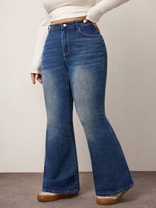 Enliva Plus Size Women Solid Color Slim Fit Flared Leg Denim Jeans, For Apple & Rounded Body Shape - Blue - View 4