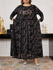 SHEIN CURVE+ Váy dài tay ôm dáng thoải mái, thanh lịch, sang trọng, thoải mái cho buổi tối hẹn hò đầu xuân cỡ lớn, nhà hàng cao cấp, đa năng, váy co giãn, váy dự tiệc, váy dạ hội, đám cưới/2026/năm mới - màu đen - Xem 6