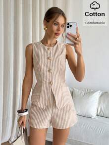 Siren Gaze Women's Striped Single-Breasted Vest And Shorts Casual Suit Set - Multicolor - View 6
