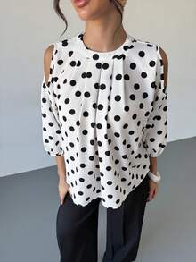 RiviMae Slimming Discounted Off-Shoulder Half Sleeve Polka Dot Loose Blouse For Women - White - View 5