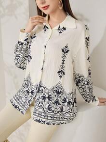 Veilorie Camisa casual holgada de mujer con bordado de plantas y abotonadura sencilla - Multicolor - Ver 7