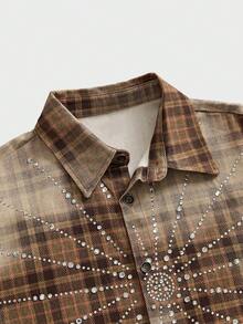 NEON BLANC Men's Rhinestone Print Plaid Short Sleeve Shirt - Coffee Brown - View 3