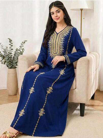 SHEIN Floral Teen Girl Jalabiya, Elegant Vintage Floral Embroidered,Teen Girls Casual Minimalist Traditional Long Sleeve Arabic Dress Suitable For Spring/Summer, Elegant Modest Long Sleeve Dress, Prayer Abaya, Easy Comfort, Casual Wear, Vacay Vibes, Modest Kaftan, Teen Girl Jalabiya, Teen Girls Jalabiyaرمضان Ramadanفستان العيدجلابيات Abaya