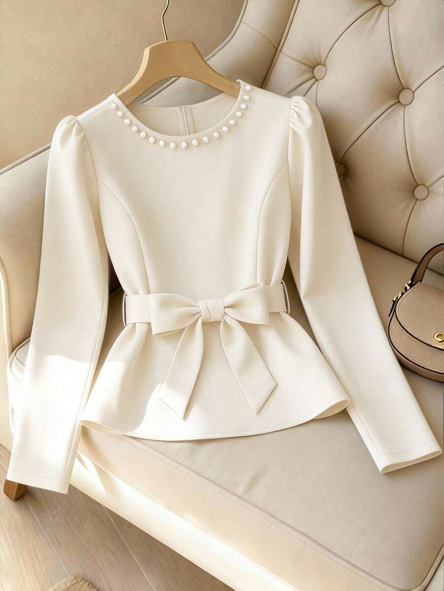 GlowEve Women's Elegant Elegant Office Commute Minimalist Solid Color Faux Pearl Decor Puff Sleeve Belted Top, Spring/Autumn - Beige - View 1