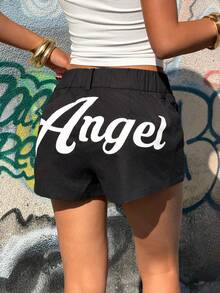 Muchica 女士黑色编织字母印花休闲口袋短裤 - 黑色 - 查看 5