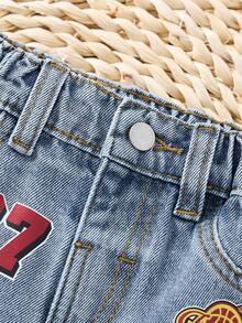 SHEIN Quần short denim rộng rãi, rách rưới, in chữ bóng rổ dành cho bé trai. - Rửa nhẹ - Xem 3
