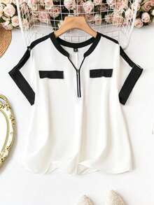 SHEIN LUNE Áo cánh không cổ Color Block cỡ lớn, áo mùa hè đen trắng - Đen và trắng - Xem 1