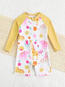 SHEIN 1件装女童可爱动物园印花长袖连体泳衣，防晒，夏季女童防晒泳衣，带拉链长袖泳衣，连体泳衣，长袖短裤泳衣，青少年女童防晒泳衣，长袖泳衣，少女长袖泳衣，女童防晒泳衣，女童长袖可爱泳衣，带拉链长袖泳衣，带袖服装，防晒度假服，沙滩服，儿童 - 黃色 - 查看 6