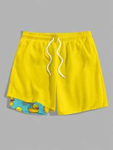 Manfinity RSRT Men's Funny Duck Print Colorblock Lined Milk Silk Beach Shorts, Hawaiian Men Swim Trunks Funny - Yellow - View 2
