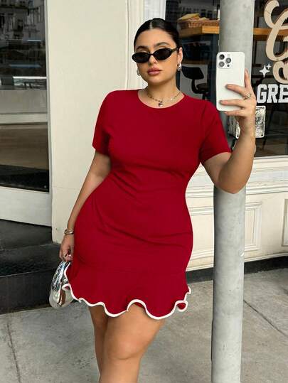 Dripcurv Plus-Size Women's Red Dress, Red Stretchy Bodycon Tulip Dress, Party Dress, New Year's Outfit, Valentine's Day Summer Dress Spring Dress Valentine's Day  Casual Dresses For Women