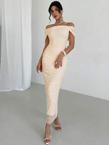 Firerie Women's Elegant Apricot Summer Off Shoulder Metal Decor Draped Mesh Sheer Bodycon Dress,Exquisite Wedding Guest Banquet Ruched Mesh Dress - Apricot - View 5
