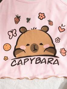 SHEIN 3pcs Tween Girls Casual Knit Pajama Set, Cute Cartoon Print Ruffle Trim Camisole, Long Pants & Shorts - Blue and White - View 4