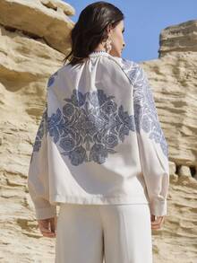 Dazy-Less 女士印花插肩袖单排扣衬衫，度假装 - 杏色 - 查看 2