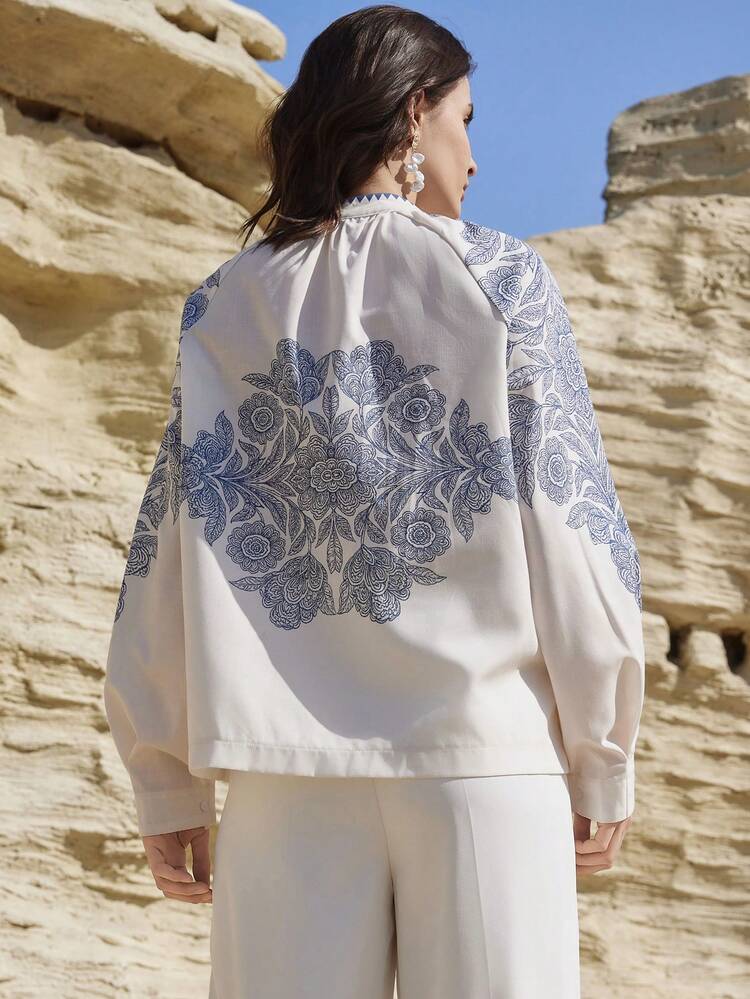 Women's Floral Print Raglan Sleeve Single-Breasted Shirt, Vacation Wear Boho
