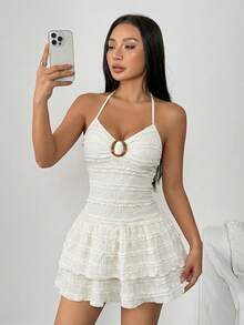 Sweetra Petite Women's Apricot V-Neck Halter Tie Waist Dress, Spring/Summer - Apricot - View 3