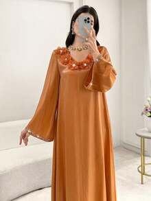 Al Najma Women's Elegant Arabic Style Chiffon Dress With Rhinestone Floral Trim, Long Sleeve, Orange With Golden Shimmer, Spring/Summer - Orange - View 6
