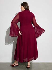 Aveloria Modichic Chiffon Fabric, Wine Red, Elegant Retro, Office Commute, Lightweight, Button Design, Waist-Slimming, Flared Sleeves, Mid-Length Dress, Graceful Long Dress, Flowing Skirt, French Romantic, Lady-Like Style, Spring & Autumn, Slimming Cut, Bohemian Style, High Street Fashion, Stylish Piece, Designed Maxi Dress, Gentle Breeze Plus Size Extra Long Dress - Burgundy - View 2