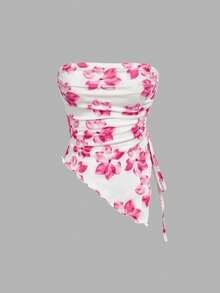 SHEIN MOD 4件套紧身露脐上衣，侧系腰荷叶边，印花抹胸 - 彩色 - 查看 8