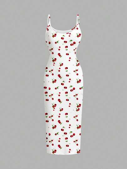 SHEIN EZwear Casual Minimalist Cherry Pattern Tight Camisole Maxi Dress, Suitable For Summer Cherry Dress Women Suitable For Going Out Chic Dress