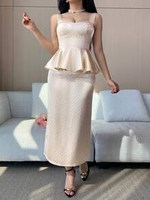 DAZY Women's Elegant Polka Dot Square Collar Sleeveless Ruffle Hem Tank Top And Straight Skirt 2-Piece Set, Summer - Apricot - View 1