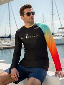 Manfinity Swimmode Men's Contrast Color Print Crew Neck Long Sleeve Surfing T-Shirt Men Summer Casual T-Shirt Color Block T Shirt Long Sleeve Swim Shirt Men Full Sleeve Tshirt Men Long Sleeve Summer T Shirt - Multicolor - View 3