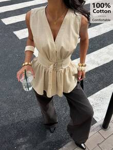 Siren Gaze 100% Cotton V Neck Sleeveless Peplum Shirt With Double Waist Belts, Soft & Skin-Friendly, Apricot Color, Suitable For Work And Vacation, Elegant Ladies Blouse, Butter Yellow Blouse, Summer Casual - Apricot - View 6
