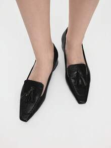 Mnmlis Women's Fashion Fringed Flower Spike Small Square Toe Thick Heel High Heel Shoes - Black - View 1