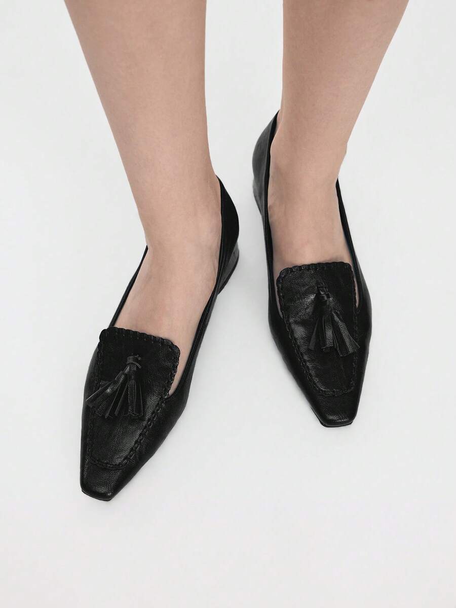 Mnmlis Women's Fashion Fringed Flower Spike Small Square Toe Thick Heel High Heel Shoes - Black - View 1