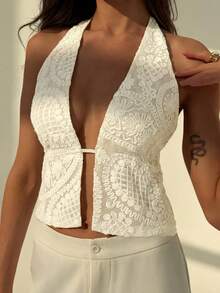 Aloruh Áo nữ gợi cảm hở lưng, buộc dây phía trước, thêu họa tiết, thích hợp cho kỳ nghỉ hè đi biển. - trắng - Xem 6