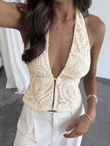 Aloruh Áo nữ gợi cảm hở lưng, buộc dây phía trước, thêu họa tiết, thích hợp cho kỳ nghỉ hè đi biển. - trắng - Xem 7