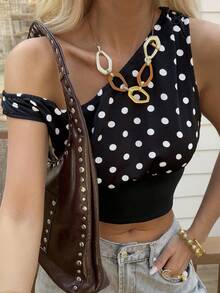 Livesso 波点印花露脐吊带背心，休闲优雅的细肩带背心，适合春季、夏季、休闲、派对、海滩、波西米亚风格等场合。 - 黑色 - 查看 7