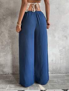 Sunnyshic Women's Drawstring Waist Pockets Wide Leg Loose Casual Versatile Jeans - Blue - View 2