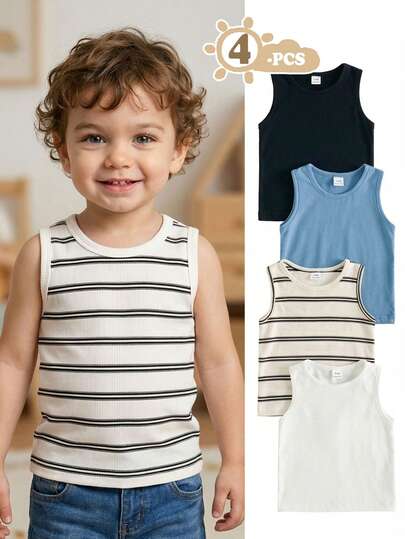 SHEIN Vintaside Kids 4件装男婴休闲条纹刺绣图案无袖T恤背心，圆领，适合春夏外出或日常穿着，百搭、舒适又可爱